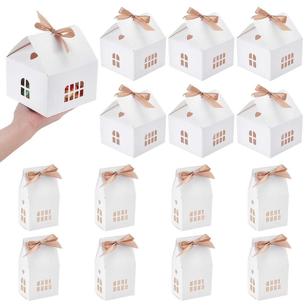 20 Bags 3 Styles House Shaped Kraft Paper Folding Gift Candy Boxes with Hollow Window and Ribbon White 12.5x12.5x13.5cm