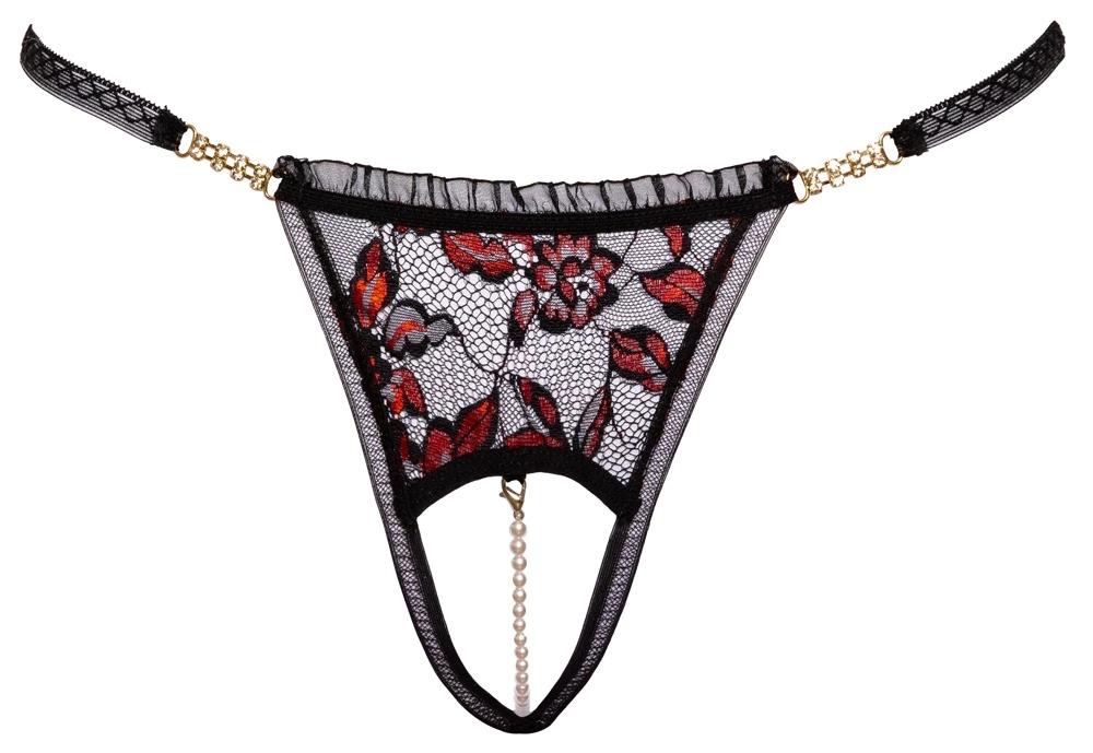 Cottelli LINGERIE - Delicate Floral Lace Thong with Pearls in the Crotch M/L