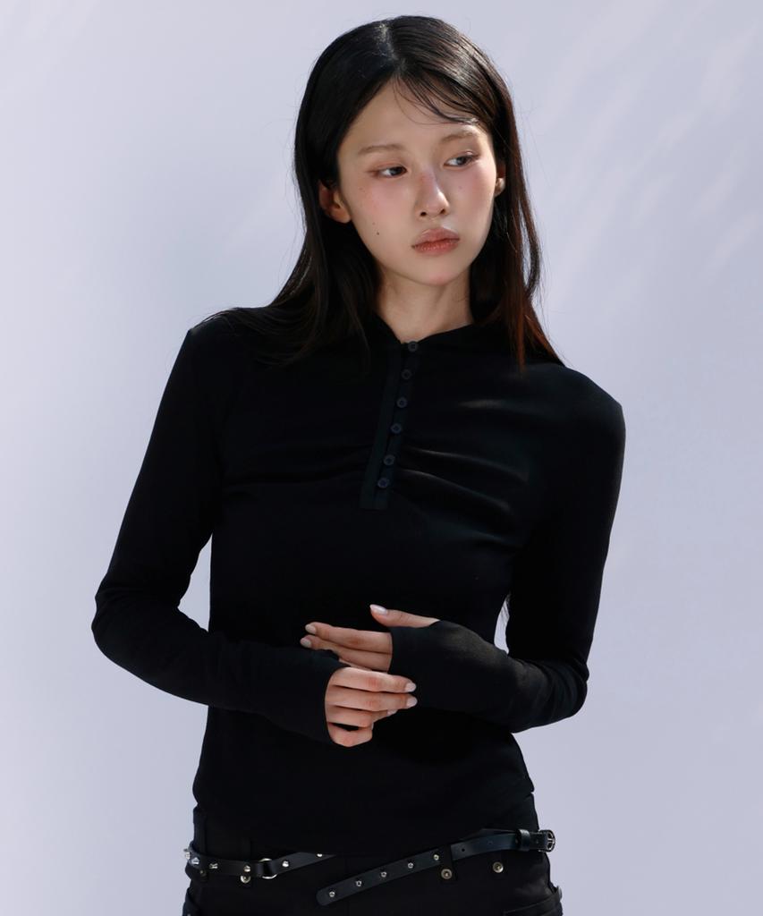 SECONDSALT Shirred Button Neck Hooded Long Sleeve (Black)