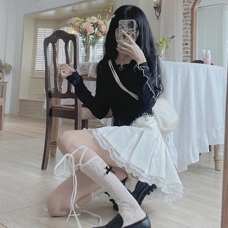 WTEMPO Милые кавайные японские плиссированные юбки с высокой талией для девочек, весна-лето, консервативный стиль, черно-белые мини-юбки