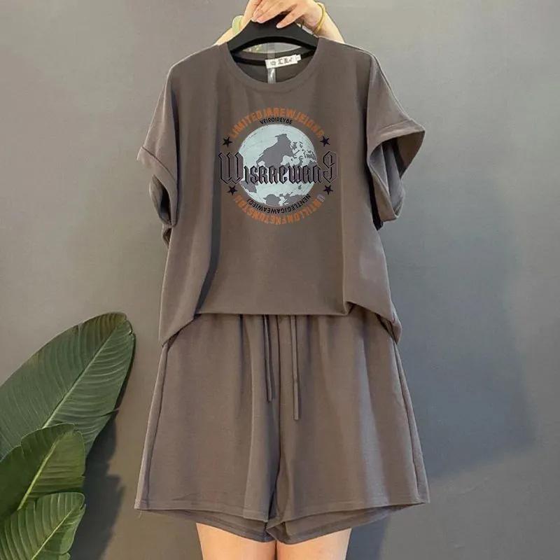 Костюм женский большого размера хлопковая футболка с капюшоном брюки из двух частей удобный топ с короткими рукавами и длинные брюки костюм из 2 предметов