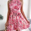 Весна-лето женское короткое платье трапециевидной формы без рукавов с лямкой на шее и воротником на шнуровке с цветочным принтом S-XXL