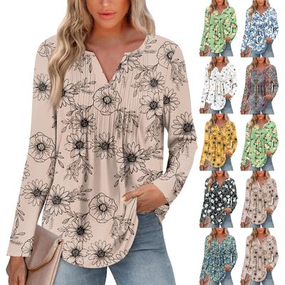 Женская Мода Повседневная Плиссированная Футболка с V-образным Вырезом Однотонная с Длинным Рукавом Элегантные Топы