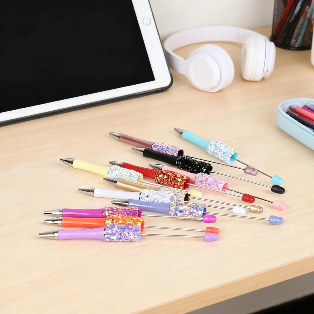 12 Pcs Glitter Beadable Ballpoint Pens, Colorful DIY Retractable Sequin Bead Pen Kit with Pentagram, Fancy Beadable Ballpoint Stationery for Creative