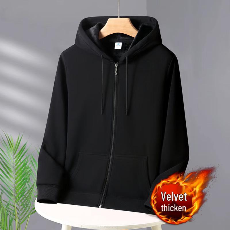 Унисекс Плотная хлопковая толстовка на молнии Кардиган - Однотонная, Осенне-зимний стиль.