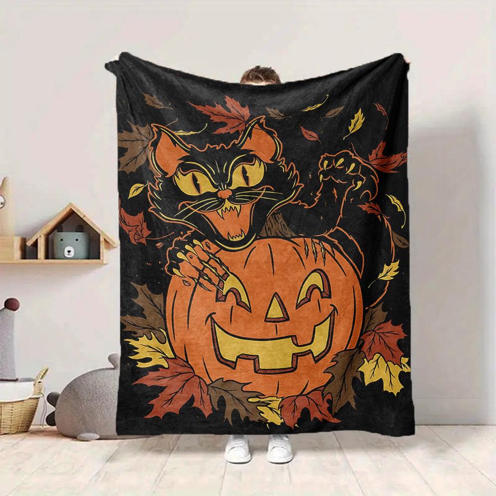 1pc Pumpkin Cat Blanket, Lightweight Flannel Throw Blanket for Sofa, Bed, Travel, Camping, Living Room, Office, Couch017
