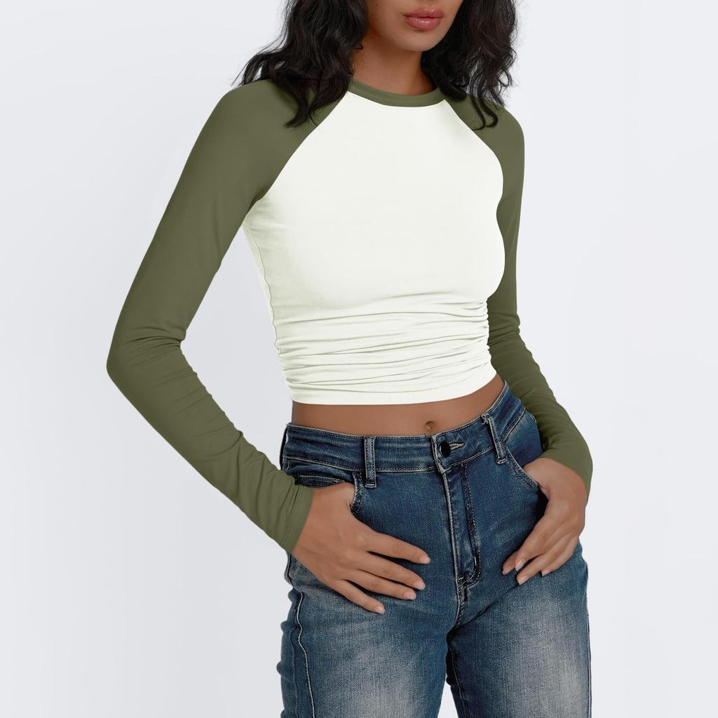 Женские рубашки с длинным рукавом, облегающие, эластичные, с цветными блоками, слегка укороченные топы