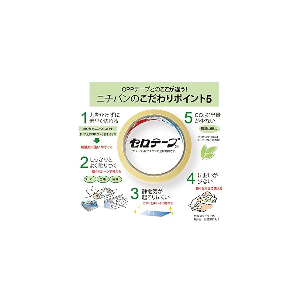 Nichiban Cellophane Tape, Large Roll, Plant-Based, No. 405, 18mm x 50m, 405-18x50, 10-roll pack