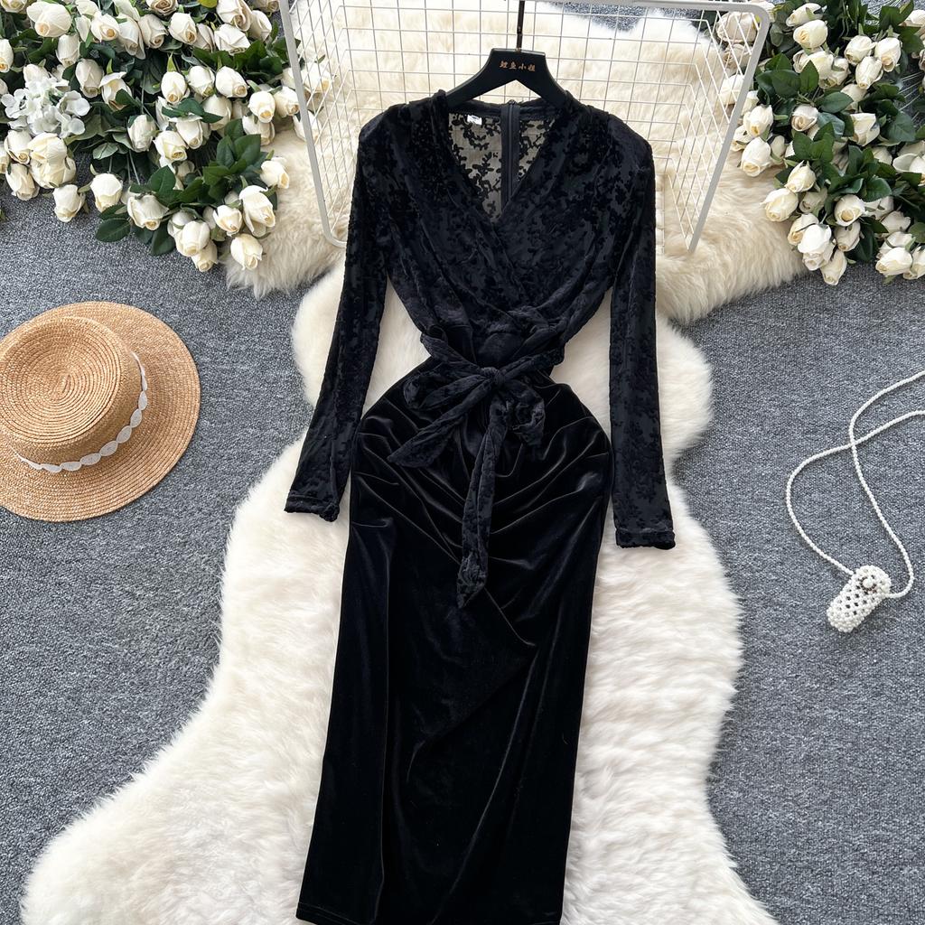 Винтажное платье с V-образным вырезом, элегантными длинными рукавами, шикарным флокированным принтом, вставками из бархата, облегающее, бандажное, вечернее, для улицы, зимняя одежда