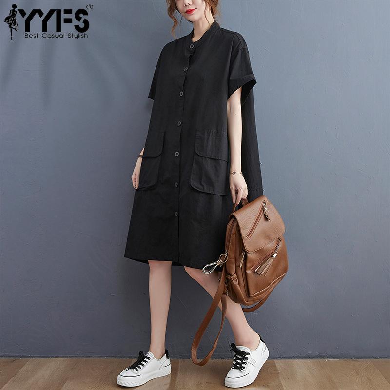 YYFS Женская мода лето весна однотонный принт с коротким рукавом и круглым вырезом свободная талия повседневные платья