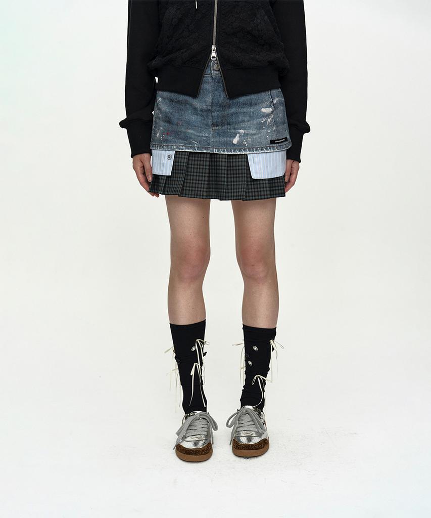 Andersson Bell Painted Denim Layered Mini Pleats Skirt Apa884W(Blue)
