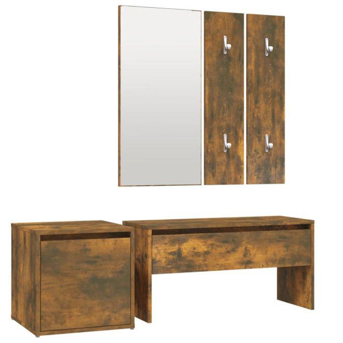 VidaXL Ensemble de Meubles de Couloir Banc d'Entrée Miroir Panneau de Portemanteau Ensemble de Vestiaire Chêne Fumé Bois 3120194