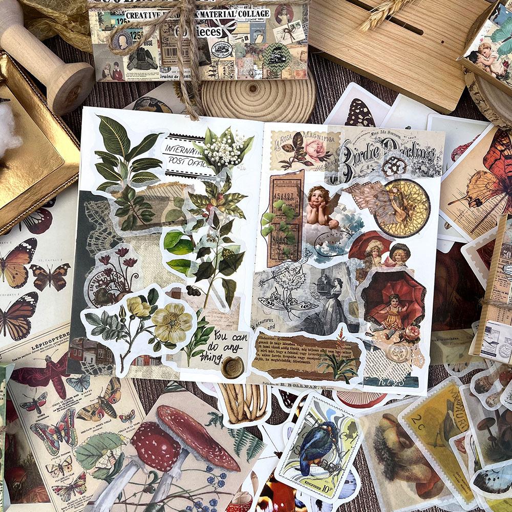 Retro Sticker Pack 60pcs Scrapbook Journal DIY Decoration Craft Supplies Vintage Stickers for Planners Notebooks Creative Stationery Set