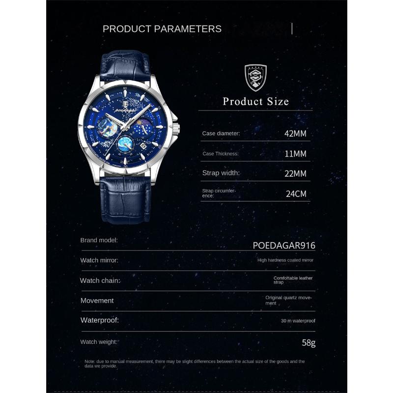 POEDAGAR Брендовые модные кварцевые часы Starry Sky Chronograph с ремешком из нержавеющей стали и кожи, водонепроницаемые, с подсветкой, мужские часы