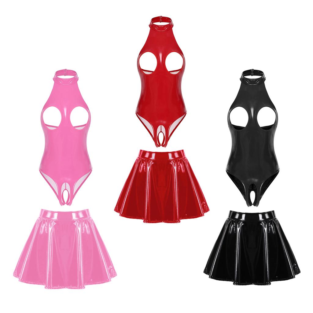 Womens Fashion Lingerie Patent Leather Open Cup Skinny Bodysuit with Skirt Wedding Night Outfits