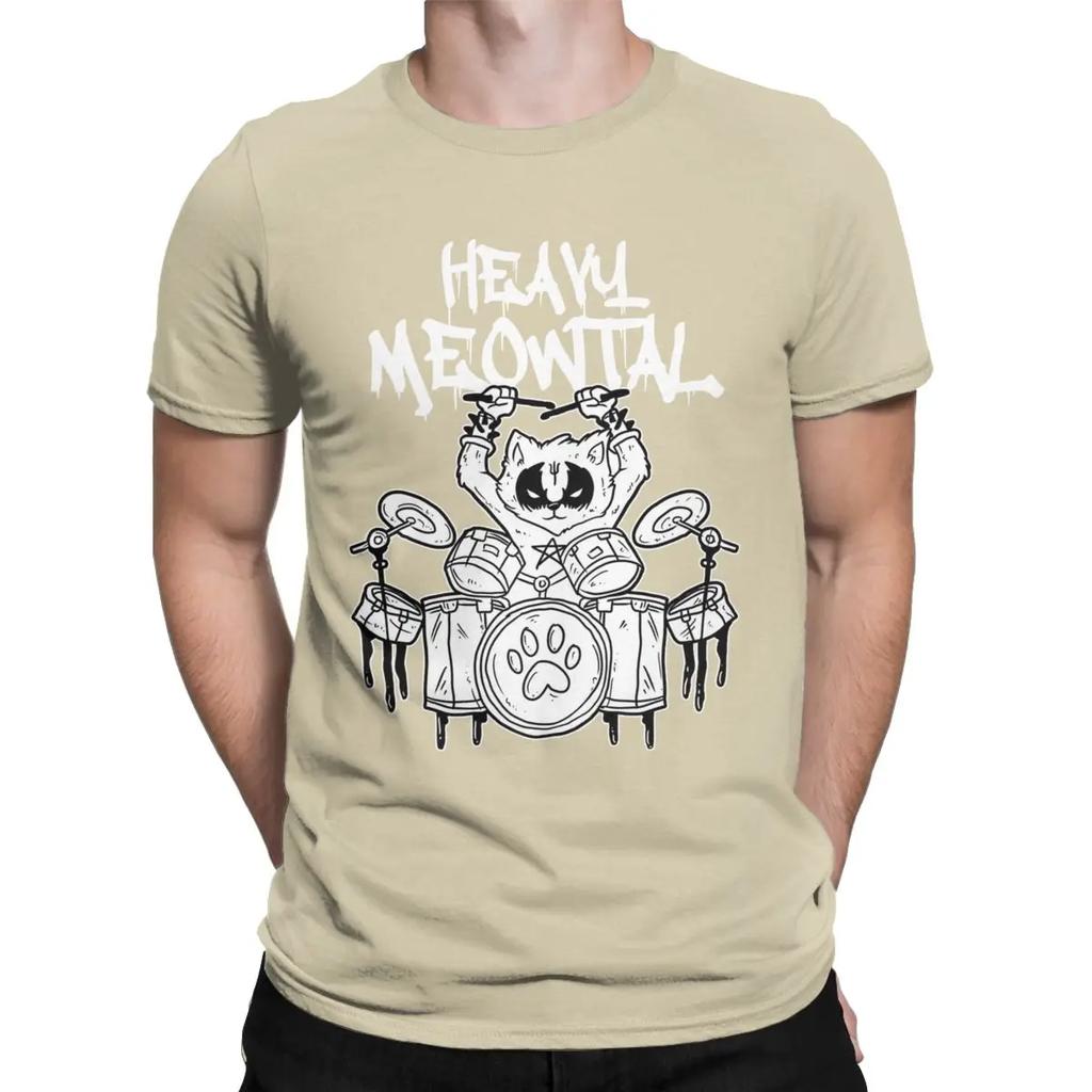 Cool Heavy Meowtal Drummer Cat T-Shirt for Men O Neck Cotton T Shirts Rock Roll Drum Meow Kitty Short Sleeve Tees Plus Size Tops