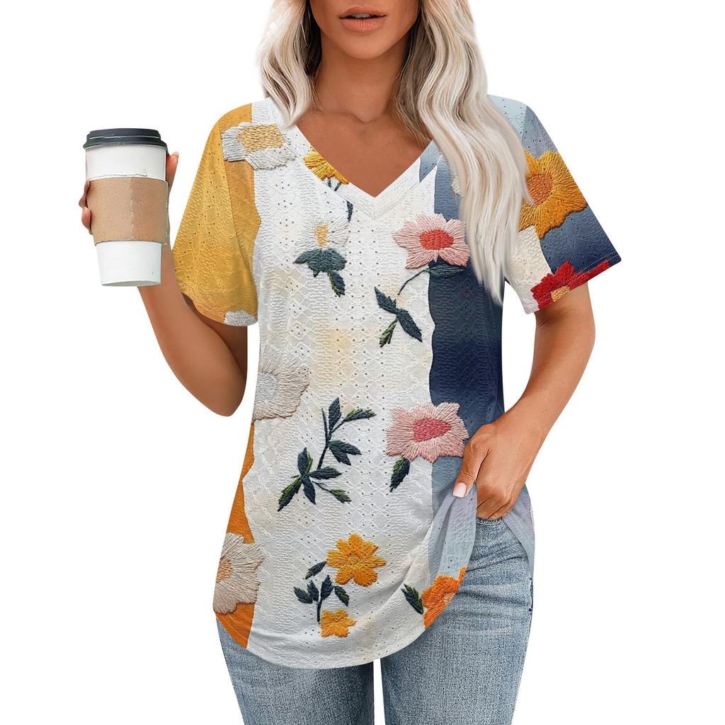 Womens T Shirts V Neck Short Sleeve Casual Tops Loose Fit Basic Tees With Curved Hem