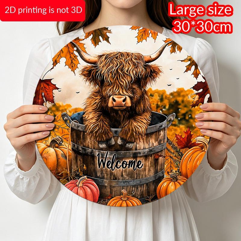2D Flat Aluminum Welcome Sign and Ornaments, Featuring A Barrel, Highland Cow, Pumpkin, and Autumn Leaf Pattern for Wall Decoration. Suitable for