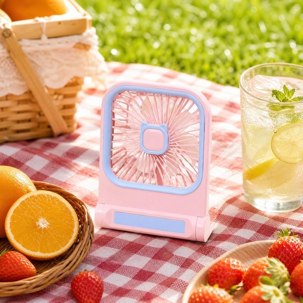 Square Desktop USB Rechargeable Fan with Cat Ear Design Three Speed Adjustable Table Fan Wall Mountable Portable for Home Office Outdoor Camping