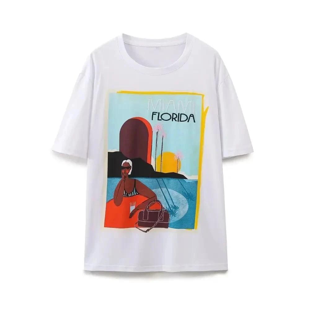 2024 Summer Womens Large Printed Round Neck Comfortable Breathable Tshirt Womens Casual Harajuku Retro Tshirt Tops