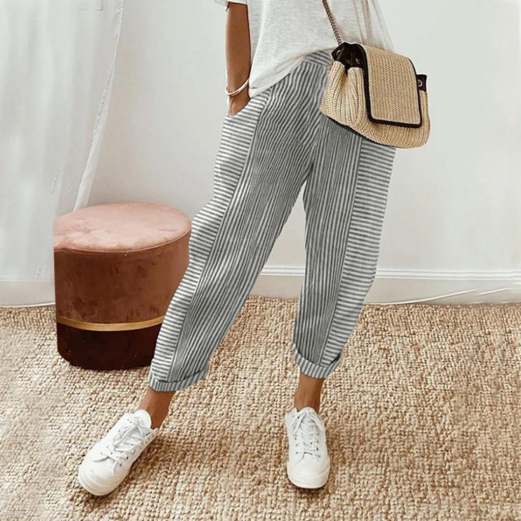 Women Casual Stripe Print Up Trendy Pants Baggy Elastic Waist Straight Leg Comfort Trousers With Pocket