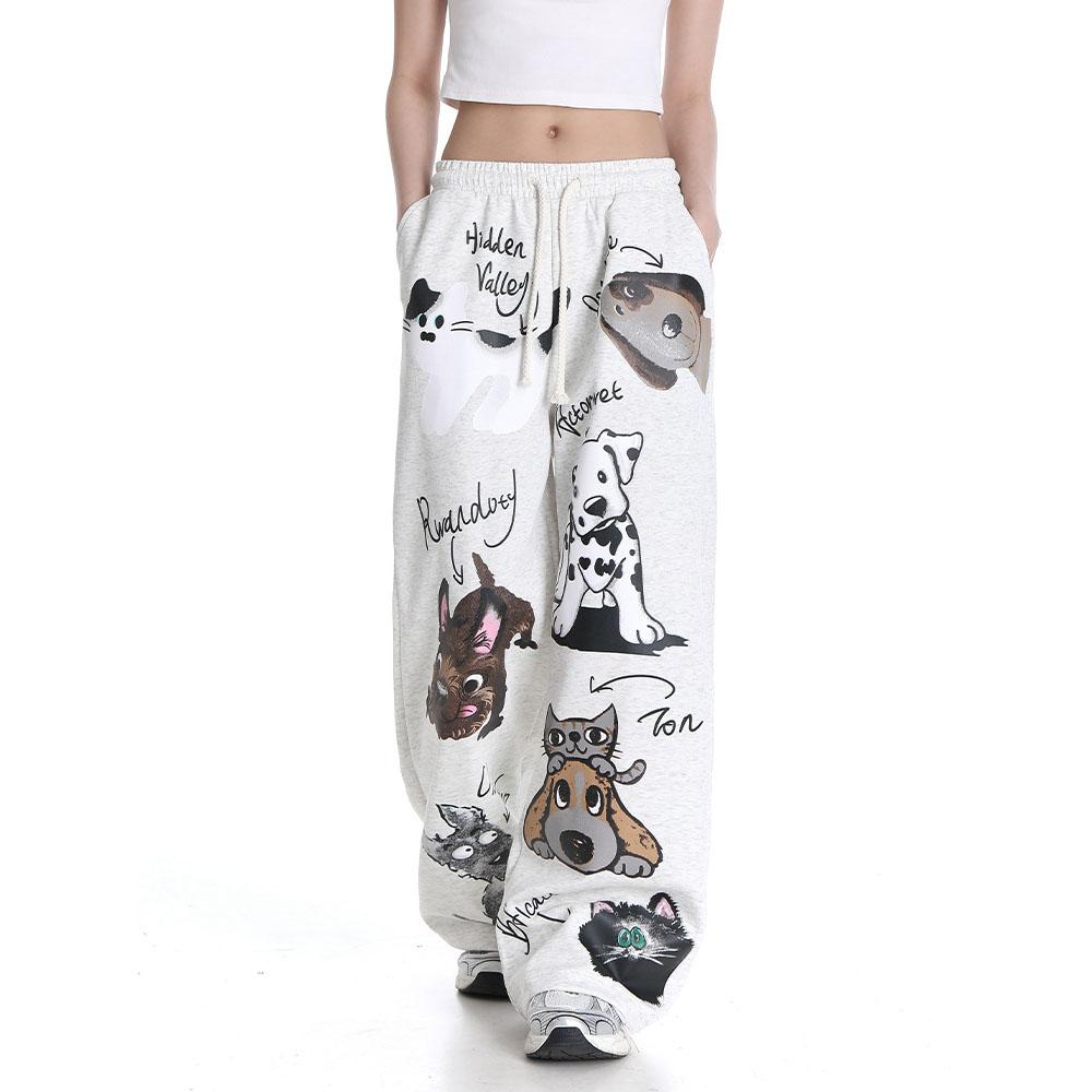 Loose Fitting Casual Pants Fashionable Cartoon Dog and Cat Graffiti Pattern Leggings