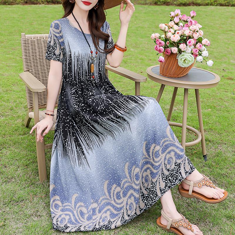 Повседневное женское платье летняя винтажная одежда свободные короткие рукава большие размеры элегантные длинные платья