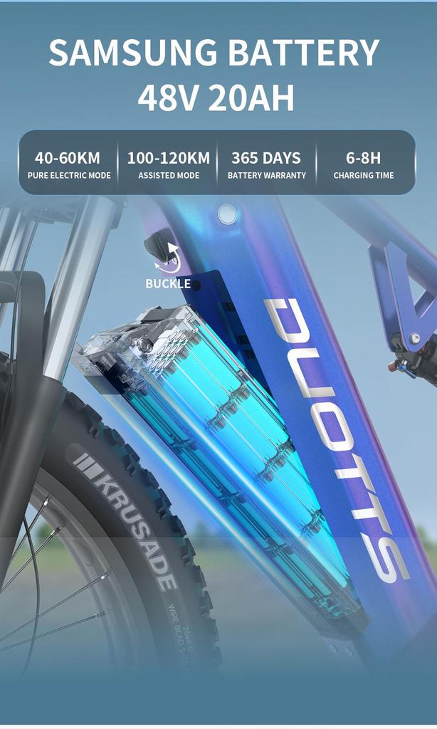 DUOTTS Электровелосипед E26: Дальность действия 120 км, крутящий момент 80 Нм, рама из сплава 26 дюймов, водонепроницаемость IPX4, регулируемая скорость