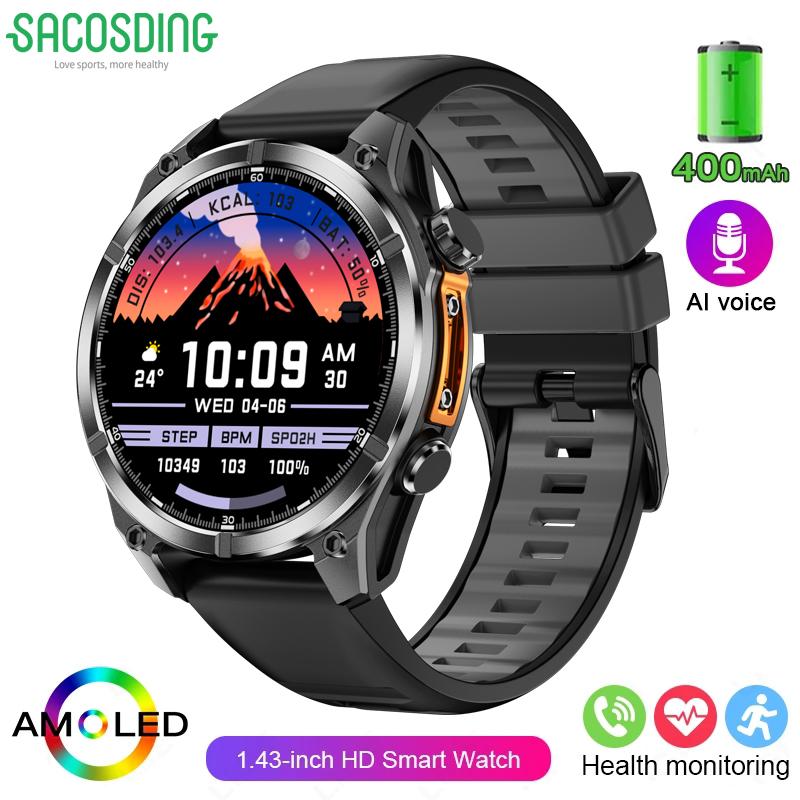 Мужские смарт-часы SACOSDING с экраном AMOLED 1,43 дюйма, разрешением 466*466 HD, многофункциональным спортивным режимом, Android iOS, универсальные смарт-часы