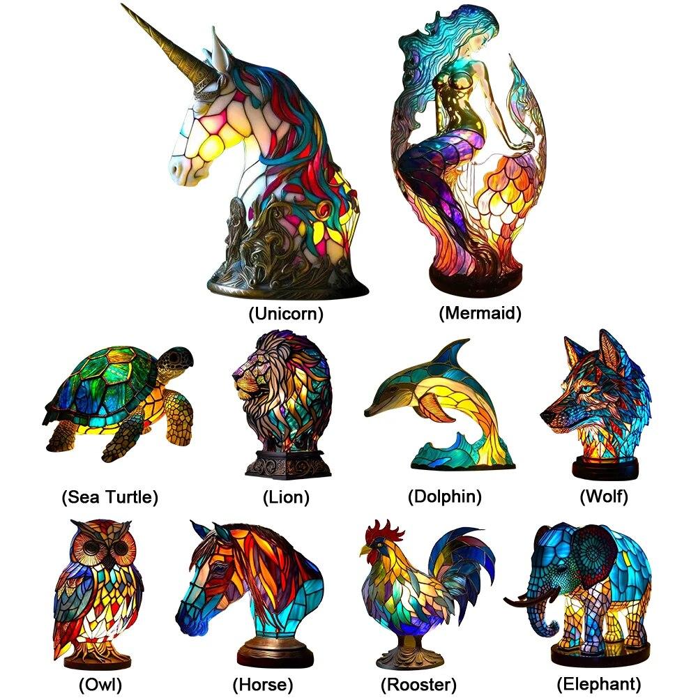Настольная лампа с животными серии Лев Дельфин Волк Витражи Прикроватный светильник Сова Лошадь Петух Слон для гостиной Спальня Офис