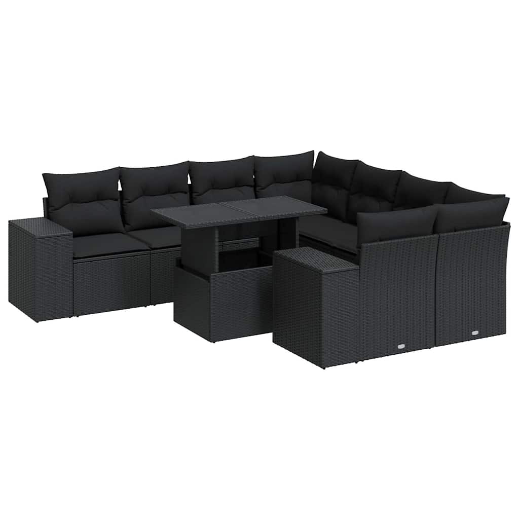 vidaXL 9 piece Garden Sofa Set with Cushions Black Poly Rattan