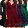 Women's Fashion Solid Color V-Neck Long Sleeve Slim Lace Knee Length Dress