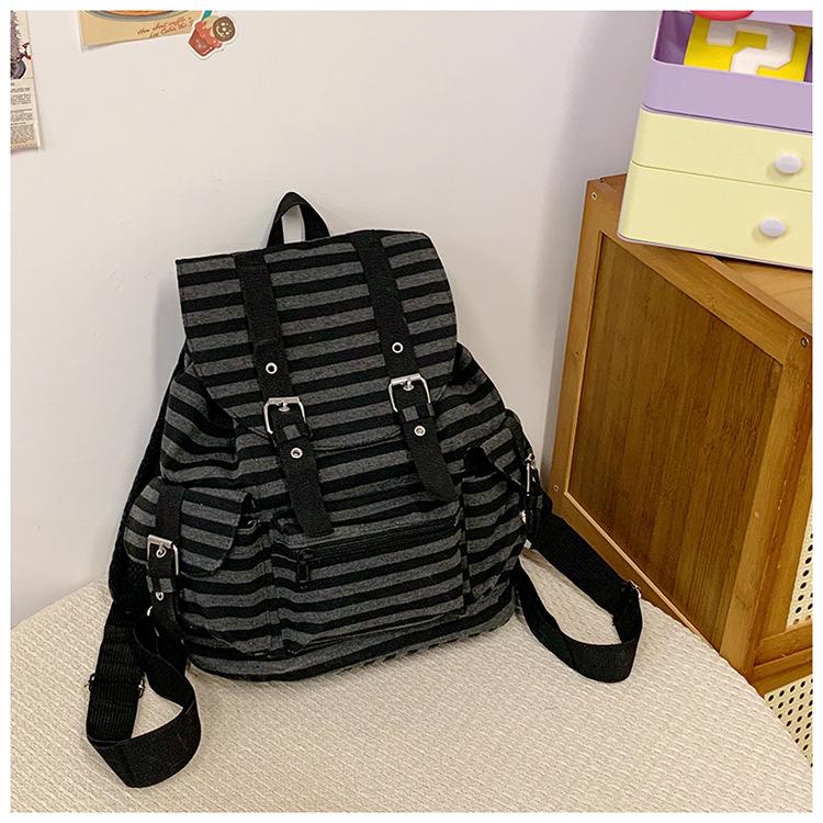 High Quality Korean Style Retro Backpacks Drawstring Design Flat Stripe Bookbags Large Capacity Soft Tote Bags Unisex