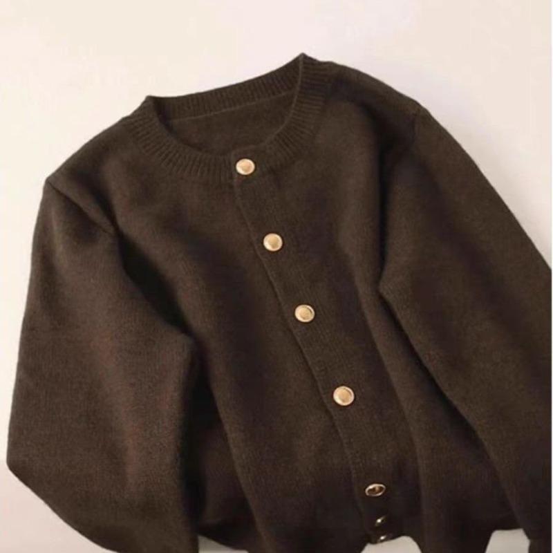Нежный Ветер Енотовый Вельвет Универсальный Золотая Пуговица Куртка-Свитер Женская Осень Зима Свободный Ленивый Коричневый Шерстяной Вязаный Кардиган