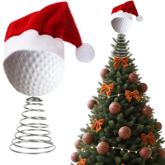 Rugby Christmas Tree Topper with Santa Hat Spring Base Bouncing Sports Ornament Fun Desk Decor for Holiday Parties Valentine's Day Gifts