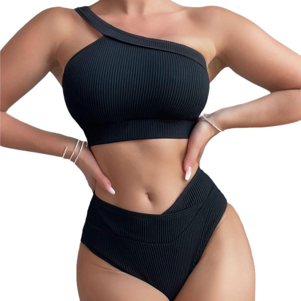 2024 Solid Color Ribbed One-Shoulder High-Waisted Bikini Swimwear