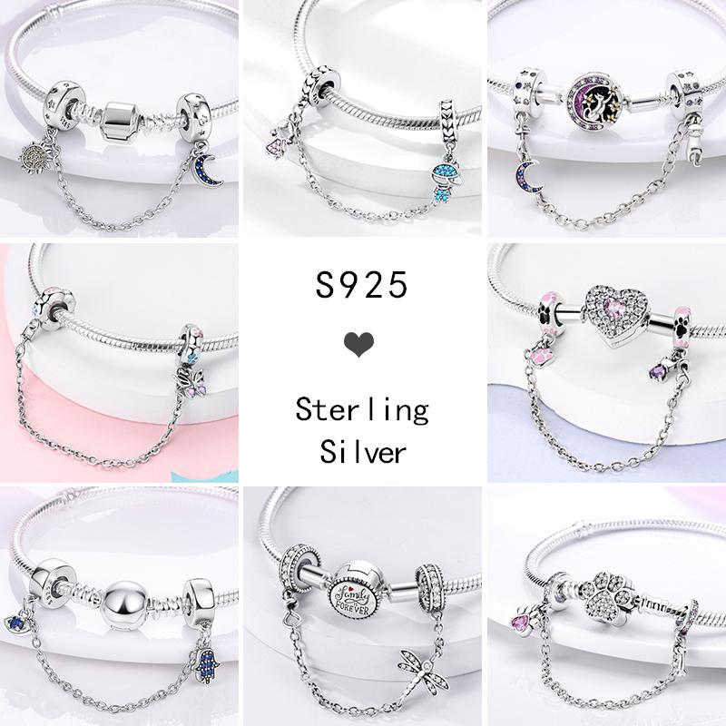 Round 925 Copper Clasp Pave Clip Charms Blue Star Moon Butterfly Slide Safety Chains Spacer Beads Fits Original Bracelet Zircon