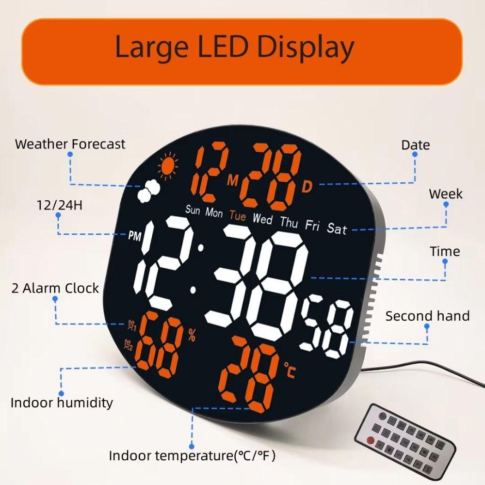 Remote Control Large Display Digital Clock Mirrored Hanging Alarm Clock LED Wall Clock Office