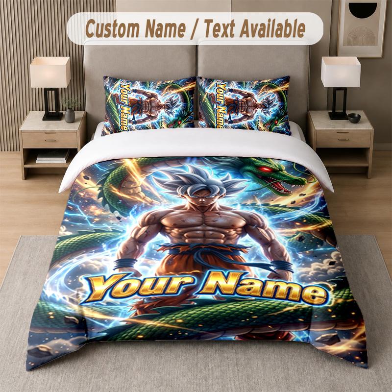 Dragon Ball 3Pcs Bedding Set, Personalized Custom Name Text, 1 Duvet Cover & 2 Pillowcases For Bedroom