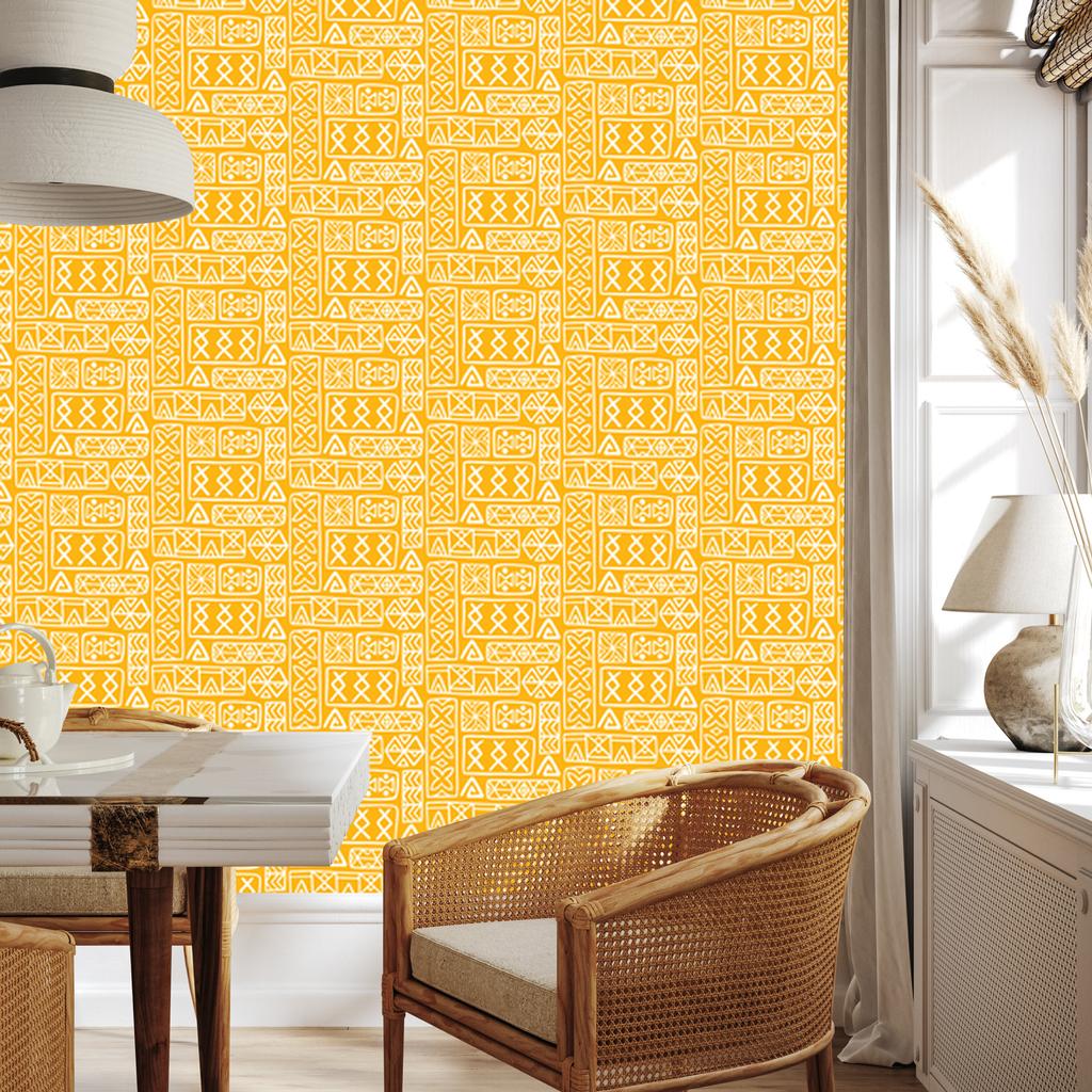 Polynesian Geometric Pattern Wallpaper Gold and Cream 50x1000