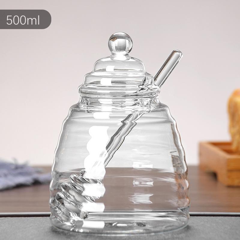 Glass Honey Jar Glass Honeycomb Tank Kitchen Tools Honey Storage Container with Dipper and Lid Honey Bottle for Party Kitchen
