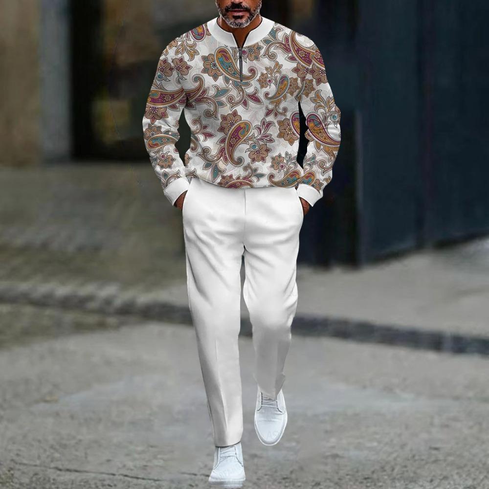 Весенне-осенние модные мужские комплекты с 3D-принтом, мужская повседневная спортивная одежда из двух предметов с воротником-стойкой на молнии