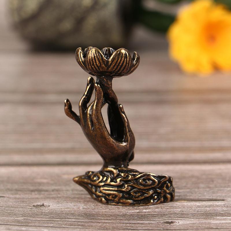 1Pc Vintage Buddha Hand Lotus Incense Burner Metal Backflow Incense Holder For Home Room Creative Tea Table Decor
