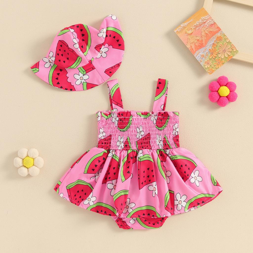 Newborn Girl Outfit, Watermelon Print Sleeveless Romper Dress with Hat Summer Clothes