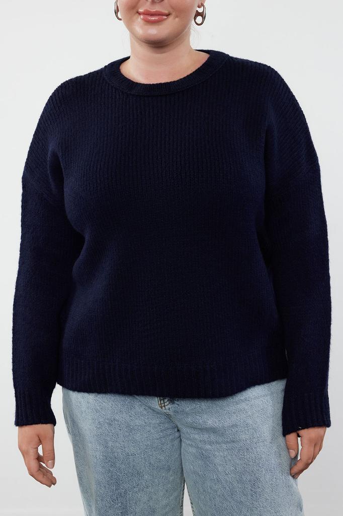 Women's Fashion Stylish Plus Size Sweater Navy Blue Crew Neck Soft Textured Knitwear Sweater