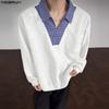 Spring Men Lapel Neck Plaid Long Sleeve Patchwork Button Pullovers Tops