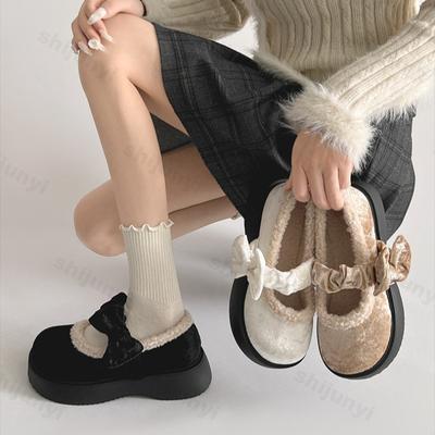 Элегантный дизайн с бантом Женские туфли-лодочки на толстой подошве с плюшевой подкладкой Зимняя мода Универсальные Удобные Хлопковые Мэри Джейн