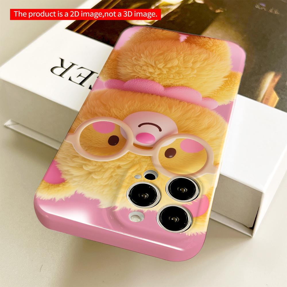 2DFlat Cute Yellow Bear with Glasses and Pink Bow All inclusive film hard phone case, compatible with iPhone 18 Pro Max 17 16 15 14 13 12 11