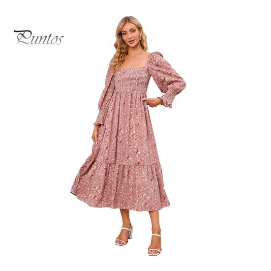 Женское платье с длинными рукавами, цветочным принтом, А-силуэтом, квадратным вырезом, миди-платьем, эластичным бюстом, открытой спиной, плиссированным подолом, весна-осень