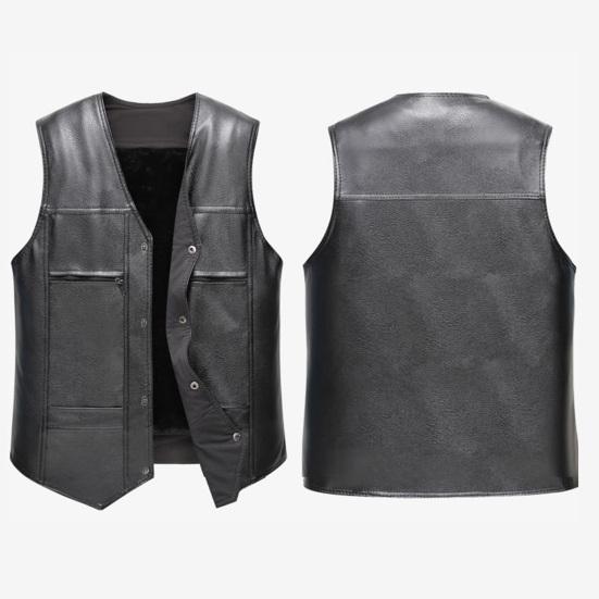 Faux Leather Waistcoat Men Motorcycle Vest Coat Warm Autumn Winter Single Breasted V-neck Sleeveless Jacket